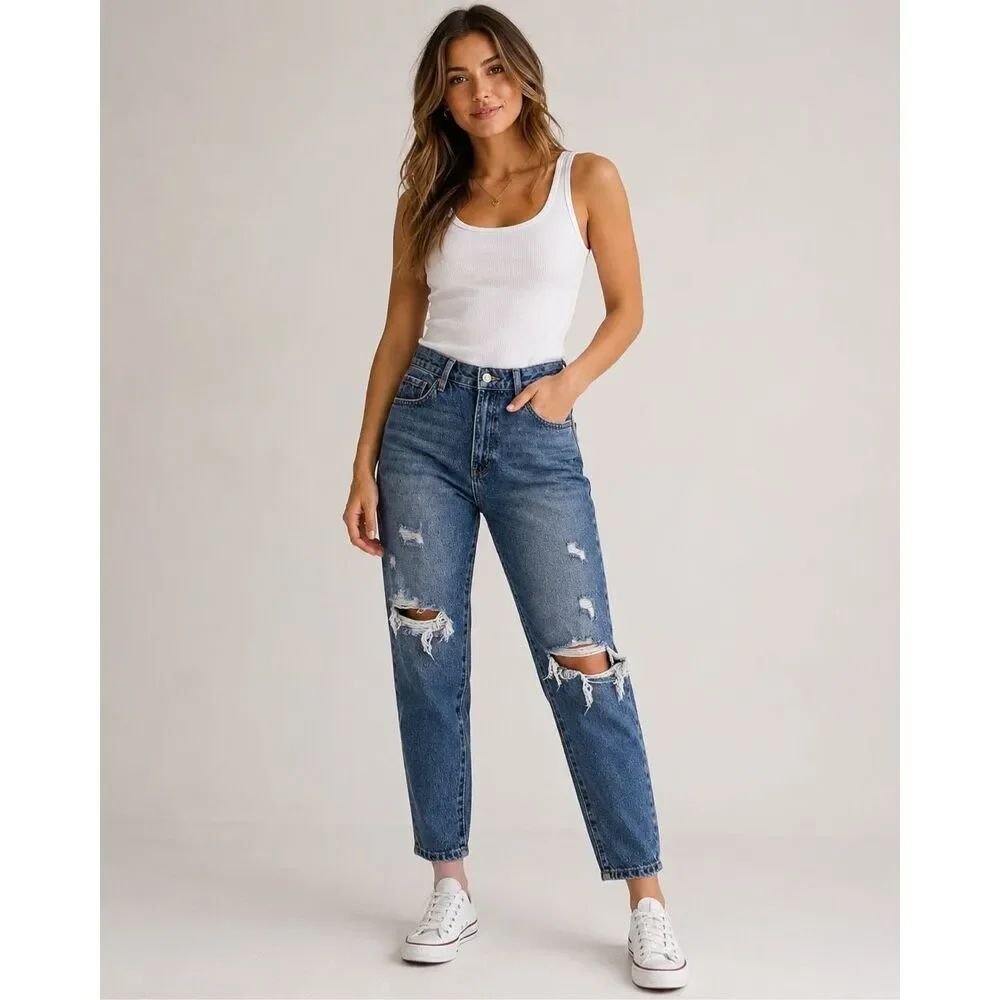 Bohme Distressed Mom Jeans Womens 28 Blue High Rise Ripped Denim